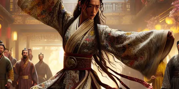 A martial artist performs a dynamic kung fu pose in a vibrant, bustling ancient Chinese marketplace.
