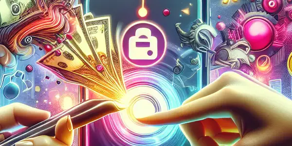 A user engaging with a smartphone app for seamless online gaming payments, surrounded by vibrant gaming elements.
