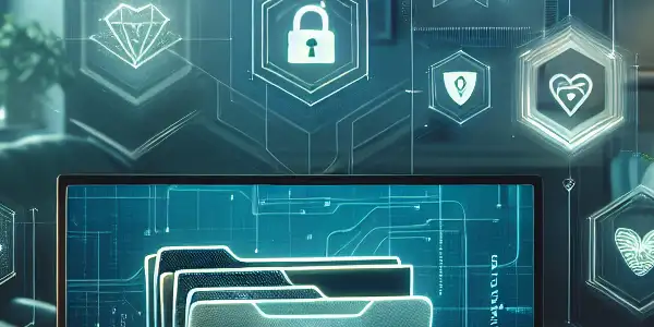 A modern digital workspace featuring a high-tech laptop, cybersecurity elements, and a serene evening atmosphere.