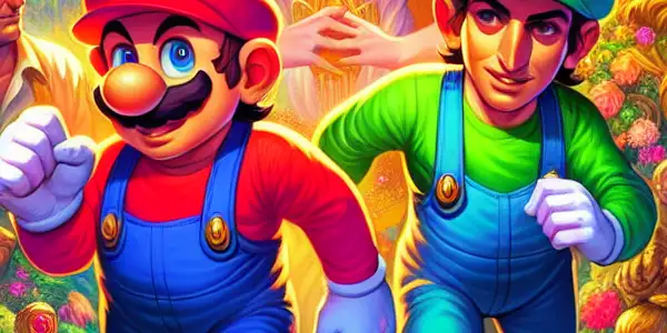 Mario and Luigi embark on an adventure in the vibrant Mushroom Kingdom, with Princess Peach and Bowser nearby.