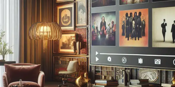 A luxurious living room featuring a large screen displaying diverse adult entertainment content, with plush seating and ambient lighting.