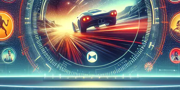 A cozy living room with a futuristic movie platform showcasing vibrant film thumbnails and a large screen.