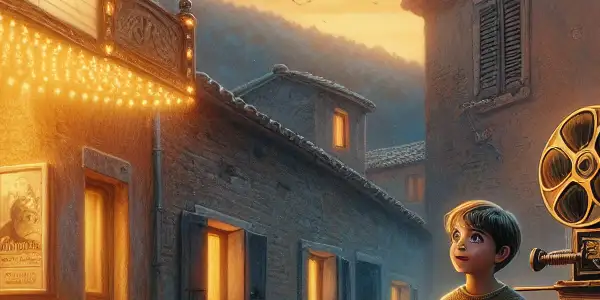 A young boy gazes in wonder at a charming Italian village cinema, accompanied by a nostalgic elderly projectionist.