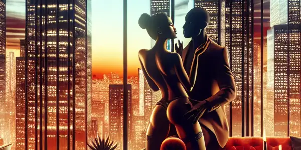 A stylish couple in a luxurious apartment, engaged in a passionate conversation with a vibrant city skyline at dusk.