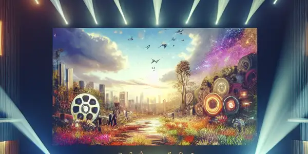 A vibrant film festival scene in a modern cinema, featuring diverse audiences captivated by abstract adult-themed visuals.