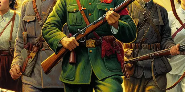 Courageous Red Guards led by 韩英 strategizing by Honghu Lake, surrounded by lush greenery and historical architecture.