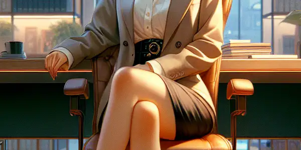 An Asian woman in a professional outfit sitting at a modern office desk, exuding confidence and allure.