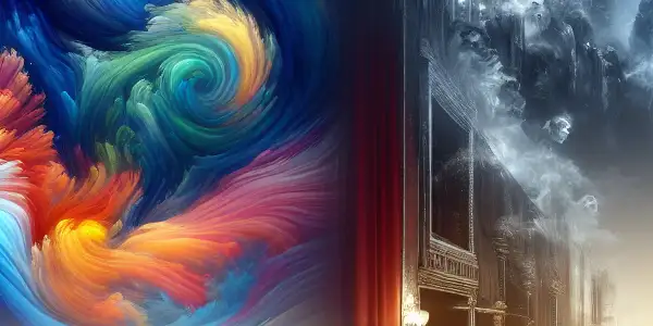 A split-screen image contrasting vibrant, surreal dreamscapes with a monochromatic, atmospheric scene reflecting cinematic storytelling.