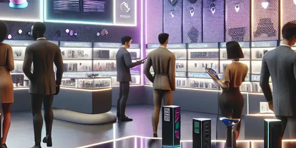 A modern adult products store featuring innovative toys, diverse customers, and a sophisticated, inviting atmosphere.