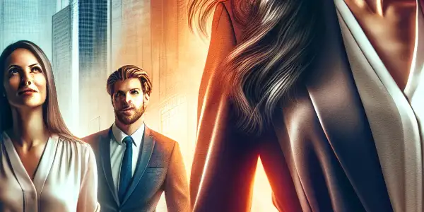 A confident young woman navigates a modern office, surrounded by diverse colleagues, embodying ambition and workplace dynamics.