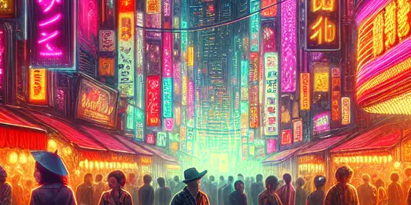 A vibrant red-light district at night, bustling with diverse people and illuminated by neon lights.