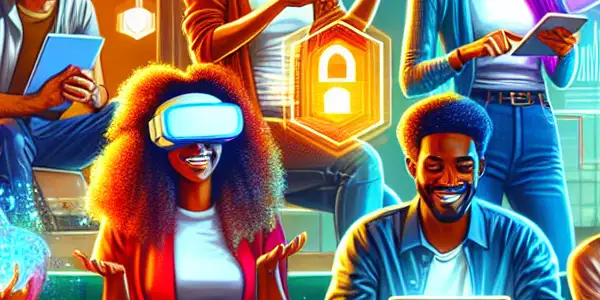 A diverse group of young adults enjoying modern online shopping for adult content in a sleek, futuristic room.