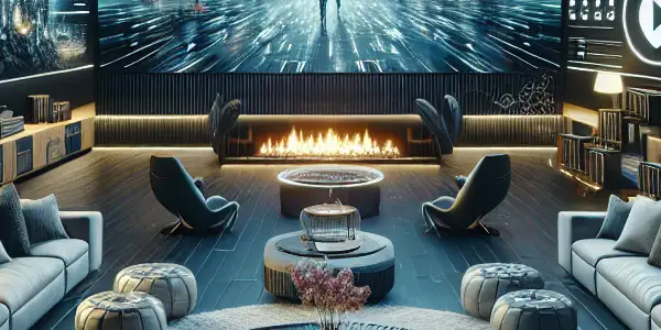 A futuristic living room with a large screen displaying vibrant visuals from a Japanese adult film, emphasizing seamless viewing.