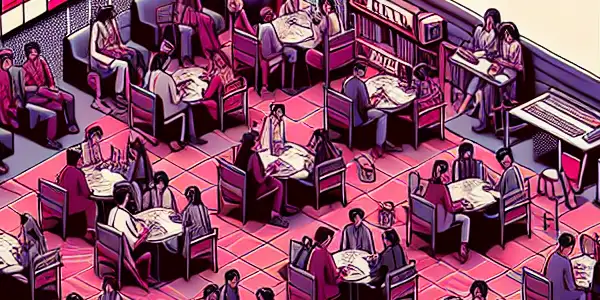 A vibrant digital forum depicting animated characters discussing and sharing resources related to adult entertainment, featuring Japanese cultural motifs.