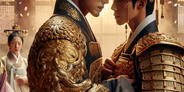 A royal palace scene depicting a king and guard in a passionate, forbidden moment amid cherry blossoms and courtiers.