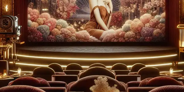 Luxurious Japanese cinema scene with plush seating, ambient lighting, and couples enjoying an intimate film experience.