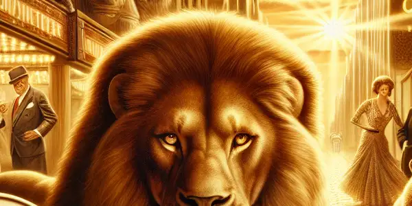 A majestic MGM lion roars amidst classic film elements, including vintage reels, an Oscar, and iconic movie scenes.