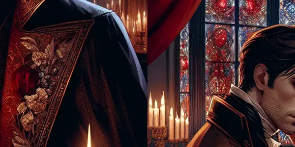 Lestat and Louis in a gothic mansion, embodying charisma and melancholy amidst eerie candlelight and shadows.
