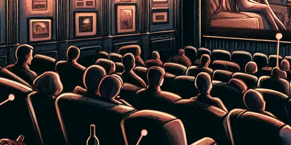 A cozy screening room with diverse viewers captivated by abstract, suggestive film imagery in an intimate atmosphere.