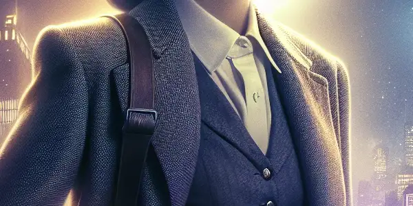 A determined female lead stands confidently on a bustling street at dusk, illuminated by moonlight.