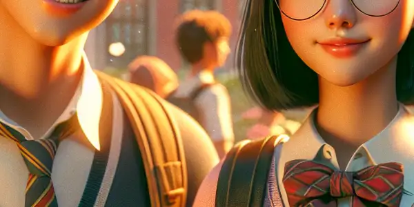 A cheerful boy and girl in a vibrant school setting, surrounded by books and nature, embodying friendship and youthful energy.