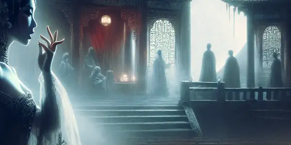 A haunting opera stage at midnight featuring a tragic singer, illuminated by eerie moonlight and flickering candlelight.