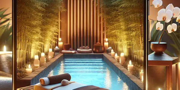 A serene mobile massage setting with soft lighting, candles, aromatic oils, and a tranquil spa atmosphere.