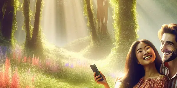 A couple playfully enjoying an intimate moment in a vibrant forest, surrounded by wildflowers and dappled sunlight.