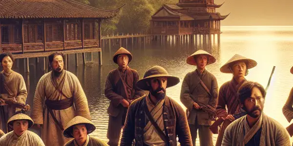 A heroic group of revolutionaries stands by Honghu Lake, embodying determination against a dramatic sunset backdrop.