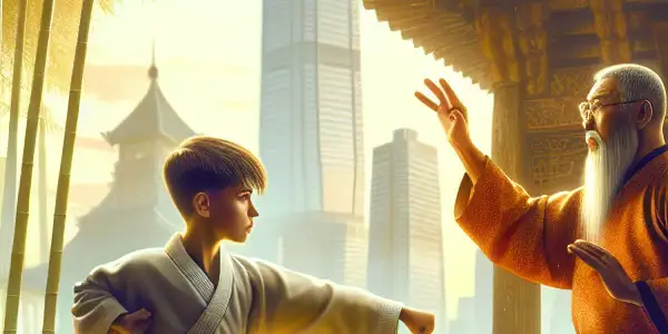 A young boy practices martial arts under a wise master in a bamboo courtyard, blending Eastern and Western influences.