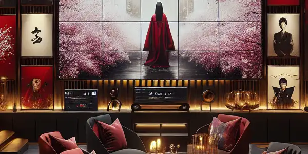A modern, stylish room featuring high-quality screens displaying adult films, plush seating, and elegant decor with Japanese influences.