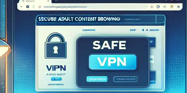 A cozy home office with a computer displaying a secure adult content site, emphasizing safety and privacy.