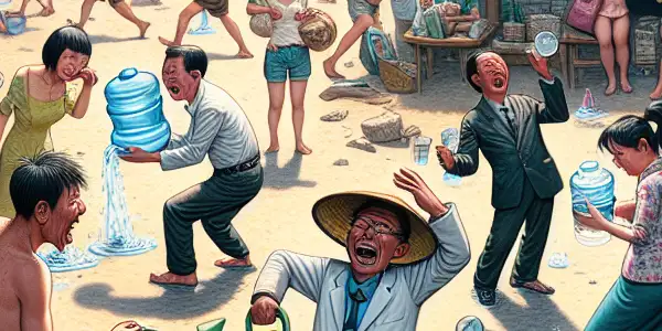 A group of quirky teachers comically fighting over scarce water in a dusty schoolyard, with a donkey observing.