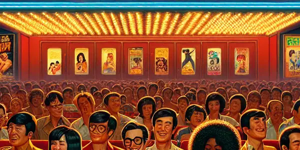 A lively retro cinema scene in 1980s Hong Kong, featuring enthusiastic filmgoers and vibrant film posters.
