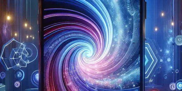 A futuristic room filled with high-tech gadgets and a smartphone displaying vibrant adult content themes.