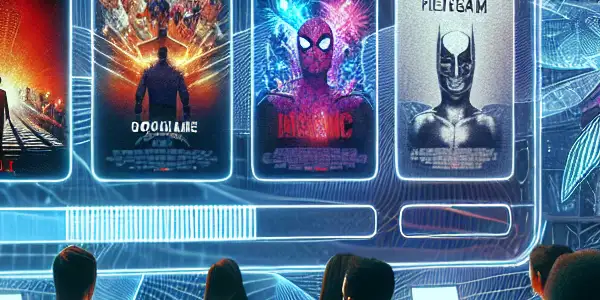 A lively online cinema platform showcasing colorful adult film posters and diverse viewers in a modern workspace.