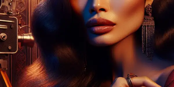 A glamorous female character in a dimly lit room, embodying sensuality and psychological intrigue, with cinematic elements.