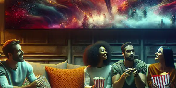 A lively living room scene with friends enjoying a colorful Japanese AV film on a large TV.