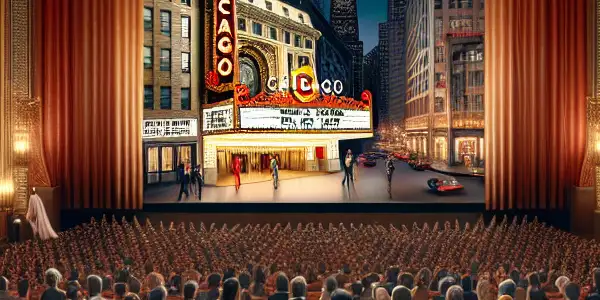 A lively Chicago movie theater scene blending classic Hollywood glamour with modern adult entertainment, featuring a diverse audience and iconic film imagery.