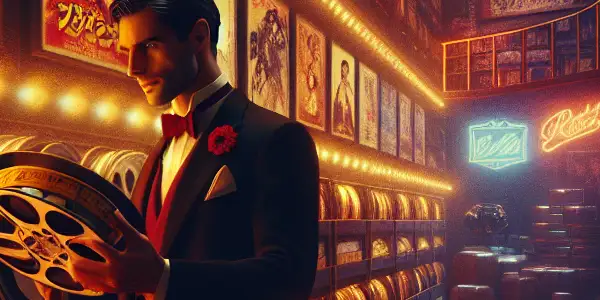 A film enthusiast explores a dimly lit vault filled with vintage Japanese adult film reels and colorful posters.