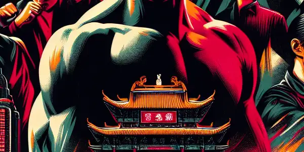 A heroic figure in martial arts attire amidst dynamic action scenes, set in a vibrant urban nightscape.