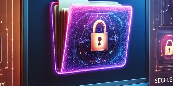 A computer screen displays a glowing encrypted folder labeled '安全色情文件夹' surrounded by tech elements symbolizing digital security and privacy.