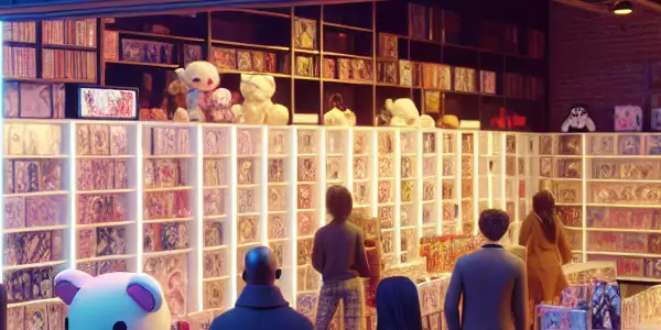 A vibrant AV toy store with inviting decor, diverse customers, and a focus on safety and adult entertainment products.