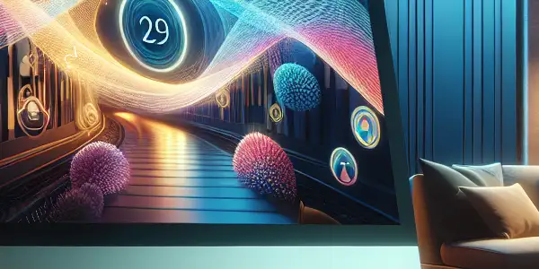 A modern living space featuring a sleek device displaying abstract representations of adult film artistry, emphasizing safety and comfort.