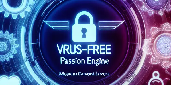 A futuristic search engine interface surrounded by symbols of digital security and tasteful adult entertainment elements.