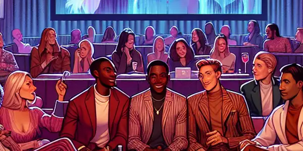 A sophisticated adult gathering in a dimly lit lounge with diverse participants enjoying animated visuals and emphasizing safety and privacy.