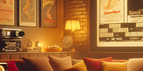 A cozy viewing room with vintage film projections, retro posters, and a welcoming atmosphere for safe adult entertainment.