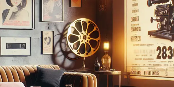 A cozy, sophisticated viewing room for classic adult films, featuring plush furniture, vintage projector, and framed movie posters.