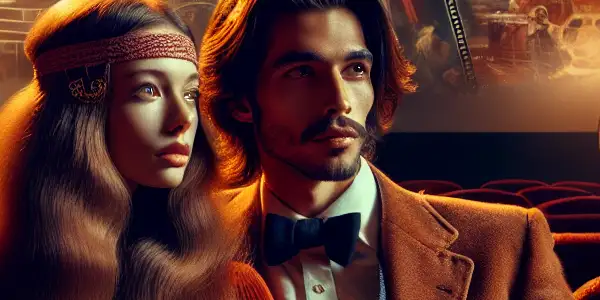 A vintage cinema scene featuring a stylish couple watching a film, surrounded by nostalgic decor and warm lighting.
