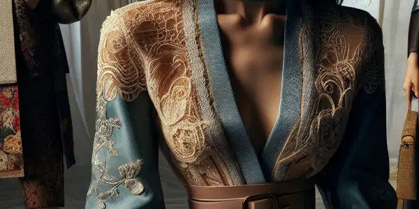 A model in a sensual lace outfit contrasts with leather attire in a dimly lit, intimate fashion scene.